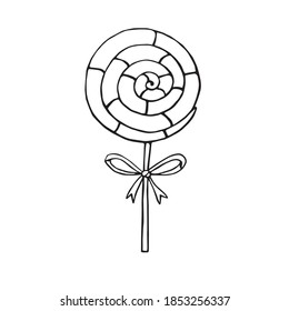 Dulce lindo Lollipop con arco. Un solo icono de caramelo. Ilustración del vector de contorno dibujado a mano en estilo doodle aislado en fondo blanco. Gustoso regalo para las vacaciones: Halloween, Navidad, Año Nuevo, cumpleaños