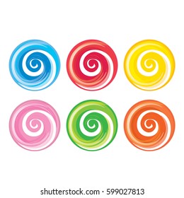 Sweet and cute Lollipop faces collection. Colorful caramel striped candies with icing on top, isolated on white background, vector