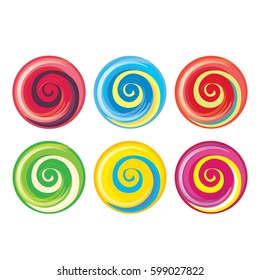 Sweet and cute Lollipop faces collection. Colorful caramel striped candies with icing on top, isolated on white background, vector