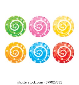 Sweet and cute Lollipop faces collection. Colorful caramel striped candies with icing on top, isolated on white background, vector