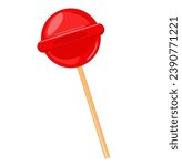 Sweet cute lollipop on stick. Vector illustration in cartoon style isolated on white background. Single glossy pink round candy. Lolly candy sucker for kids. 