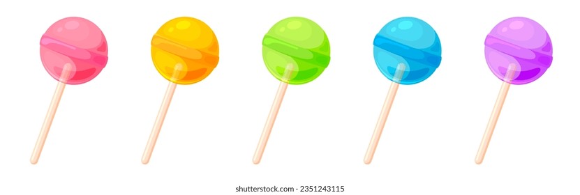 Sweet cute lollipop round on stick colorful flat set. Hard sugar candy caramel bonbon fruit berry rainbow colors glossy clear dessert holidays icon lolly cartoon snack isolated white background