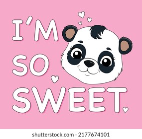 Sweet cute panda. Poster or banner for website, greeting card. Traditional Asian animals, fauna, nature and wildlife. Mascot or toy. I am so sweet inscription. Cartoon flat vector illustration