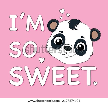 Sweet cute panda. Poster or banner for website, greeting card. Traditional Asian animals, fauna, nature and wildlife. Mascot or toy. I am so sweet inscription. Cartoon flat vector illustration