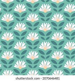Sweet cute pink hand-drawn seamless floral pattern on green background