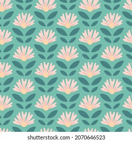 Sweet cute pink hand-drawn seamless floral pattern on green background