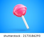 Sweet cute pink lollipop on stick in cartoon style. Single glossy pink round candy on blue background. 3d vector illustration