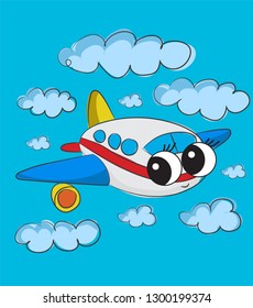 Sweet, cute plane cartoon character. Vector illustration