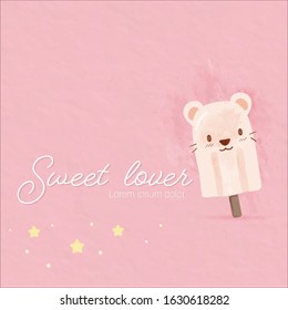 the sweet cute postcard design cafe food.teddy bear popsicle on pink pastel background with wording dessert lover.decoration with stars and dots.kawaii design for invitation birthday card.