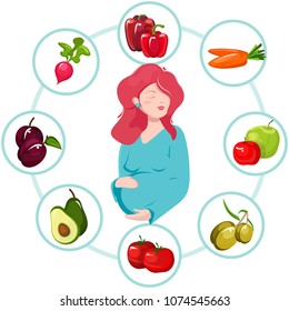 Sweet cute pregnant woman with close eyes, happy smile hug stomach. Concept of proper nutrition during pregnancy. Icons of fruits and vegetables. Modern vector flat design image isolated on white back