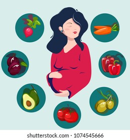 Sweet cute pregnant woman with close eyes, happy smile hug stomach. Concept of proper nutrition during pregnancy. Icons of fruits and vegetables. Modern vector flat design image isolated on white back