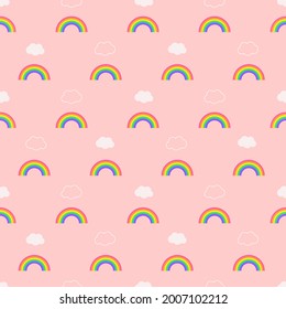 Sweet and cute rainbow with cloud seamless pattern on pastel color isolated vector. Retro and vintage style. Suitable for decorating, wallpaper, wrapping paper, fabric and etc.