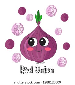 Sweet, cute red onion cartoon character. Vector illustration
