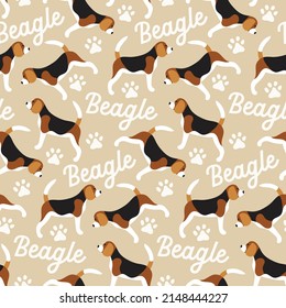 Sweet cute seamless repeat beagle dog puppy pet animal vector pattern on pastel beige background text paws