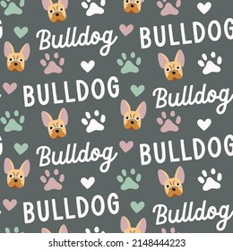 Sweet cute seamless repeat bulldog dog puppy pet animal vector pattern on pastel background. Paws hearts cute bulldogs text letters.