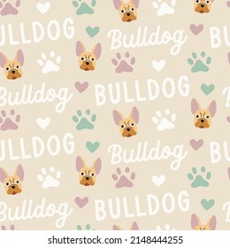 Sweet cute seamless repeat bulldog dog puppy pet animal vector text pattern on pastel beige neutral background