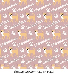 Sweet cute seamless repeat chihuahua dog puppy pet animal vector text pattern on pastel pink background paws