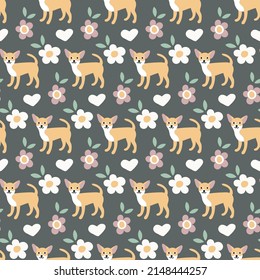 Sweet cute seamless repeat chihuahua dog puppy pet animal vector pattern on dark pastel background