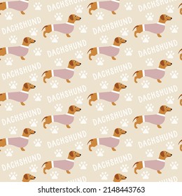 Sweet cute seamless repeat dachshund dog puppy pet animal vector pattern on pastel beige background. Pink dachshunds in a row.