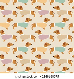 Sweet cute seamless repeat dachshunds dog puppy pet animal vector pattern on pastel beige neutral background. Colourful dachshunds in a row.