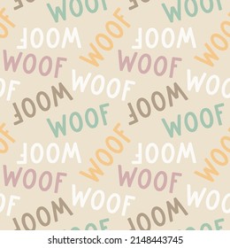 Sweet cute seamless repeat dog puppy pet animal vector pattern on pastel beige background. Woof colourful letters.