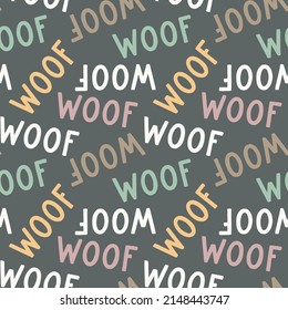 Sweet cute seamless repeat dog puppy pet animal vector pattern on pastel dark background. Woof colourful letters.