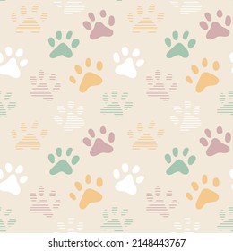 Sweet cute seamless repeat dog puppy pet animal vector pattern on pastel beige background. Colourful paws.