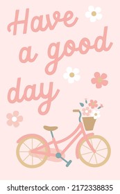 sweet cute seamless repeat romantic boho bicycle with basket of flowers postcard card artwork print in light pink beige colours. have a good day