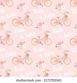 sweet cute seamless repeat romantic boho bike bicycle with basket of flowers pattern in light pink beige colours