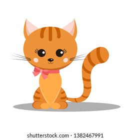 Sweet and cute smiling little ginger striped cat with pink bow on its neck in sitting pose isolated icon on white background in cartoon flat style. Vector character clip art illustration. 
