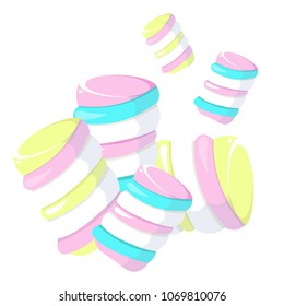 Sweet, cute tasty little colored zephyr, marshmallows. Pastel soft yellow, blue, purple colors. Delicious soft sweets Modern vector flat designe image isolated on white background. Can be used as logo