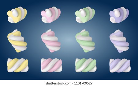 Sweet, cute tasty little colored zephyr, marshmallows. Pastel soft yellow, rose, green, purple colors. Delicious soft sweets Modern vector design