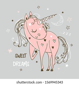 Sweet cute unicorn is sleeping. Sweet dreams. Vector.