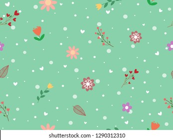 Sweet and cute vector art seamless pattern with blooming flower, snow dot and leaf on pastel blue or green background look so cute and fresh for love theme on Valentine. Botanicals concept pattern.