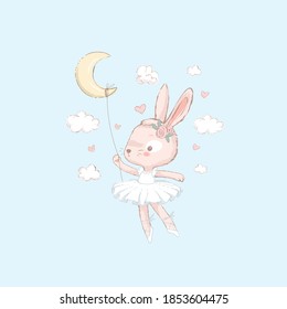 Sweet dancing ballerina bunny illustration. Dancilg little rabbit wearing blue tutu ans wreath. Can be used for t-shirt print, kids wear fashion design, baby shower invitation card