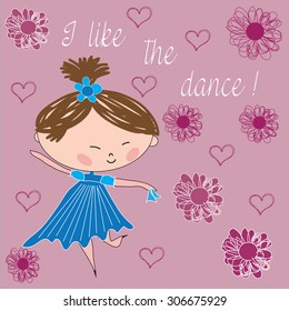 sweet dancing little girl with hearts and flowers vector illustration