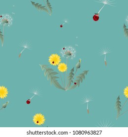 Sweet dandelion with ladybugs vector seamless pattern design. Surface pattern design. Great for summer vintage fabric, wallpaper, giftwrap, scrapbooking. Wildflowers on green blue background