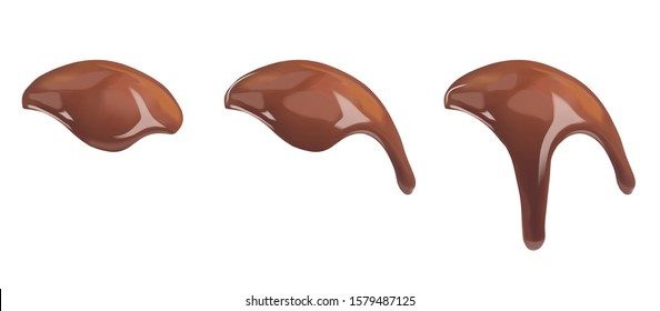 Sweet dark liquid chocolate flowing down. Ganache, icing, frosting, sauce flowing down the surface of the ball. Vector 3d realistic illustration isolated on white background.
