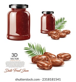 sweet date fruits and jam bottle and palm leaves design template on the white background isolated,use for date fruit jam concept. vector illustration design element.