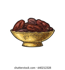 Sweet dates fruit in the metal bowl. For poster or banner Ramadan kareem. Vector color vintage engraving illustration isolated on a white background.