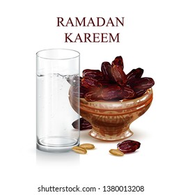 Sweet dates. Glass of water. vector illustration. Iftar. Suhoor. Ramadan Kareem.