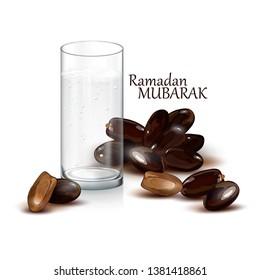 Sweet dates. Glass of water. vector illustration. Iftar. Suhoor. Ramadan Kareem.