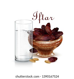 Sweet dates. Glass of water. vector illustration. Iftar. Suhoor. Ramadan Kareem. Iftar