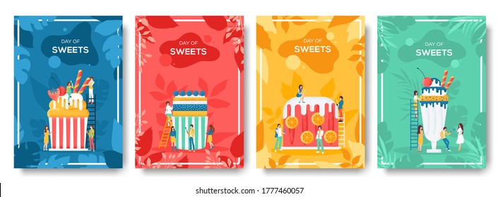 sweet day flyer, magazines, poster, book cover, banners. Layout illustration modern slider page. Grain texture and noise effect. People character with items around sweet concept background.