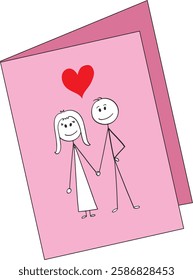 A sweet Valentine’s Day greeting card featuring a hand-drawn stick figure couple holding hands with a red heart above them, set on a pink background. Perfect for love notes and romantic messages.