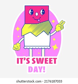 It's Sweet Day! Lettering And Funny Opened Chocolate On Gray And Pink Background.