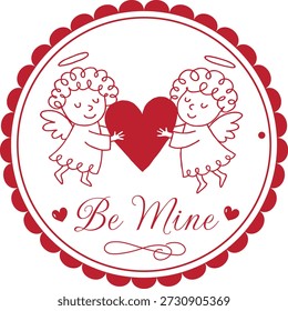 Un dulce sello del Día de San Valentín con dos lindos querubines de ángel sosteniendo un corazón para tarjetas de San Valentín, papelería de boda, pegatinas, invitaciones, empaques, etiquetas y proyectos gráficos con temas de amor.
