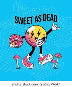 Sweet as dead vector. Funny dead character with a donut. Mushrooms in a geometrical background free vector