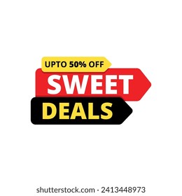 Sweet deals, upto 50% off, sales promotion banner. Shape of arrows pointing to the right, stacked on top of each other.