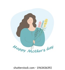 Sweet, dear and tender mother with flowers in her hands. Mother's Day greeting card. Poster or banner template. Vector illustration.
